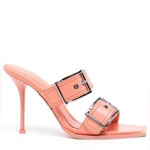 ALEXANDER MCQUEEN Boxcar 100mm Salmon Pink Si Leather Buckle Sandals Heels Size